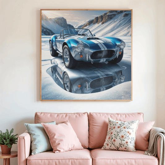 Affiche encadrée Shelby : voiture de sport bleue, vue avant, calandre noire