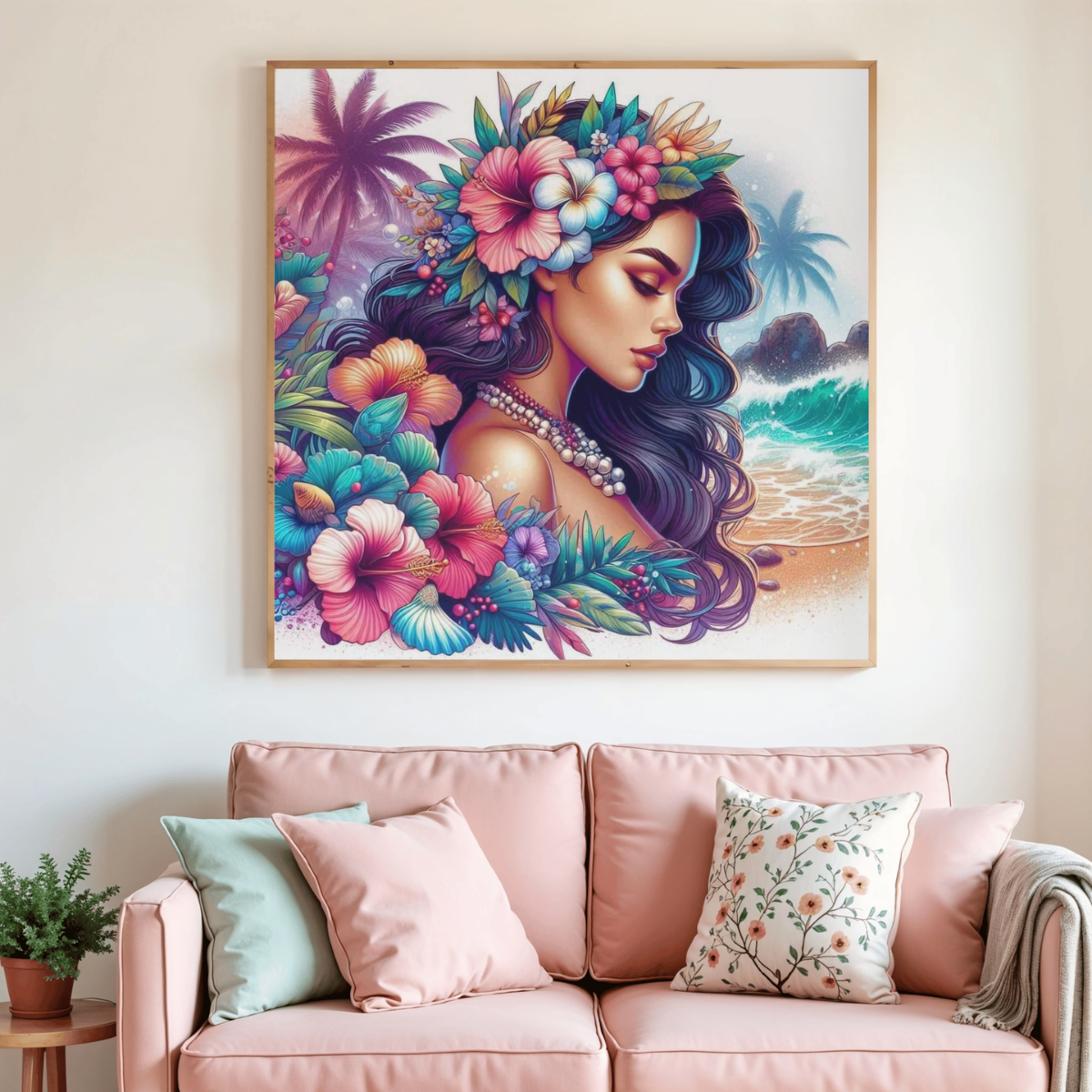 Tableau de peinture diamant encadré, femme aux fleurs tropicales et scène marine