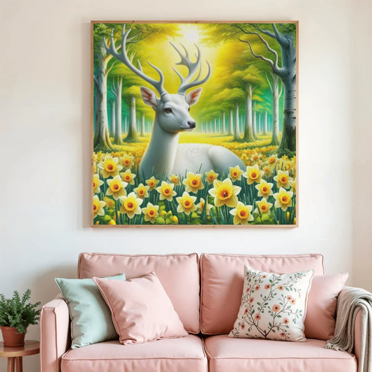 Tableau de peinture diamant en cadre : cerf blanc aux bois, forêt printanière et fleurs
