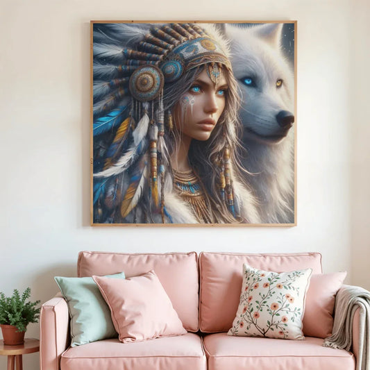 Toile de diamant en cadre sur mur, montrant une femme tribale et un loup blanc.
