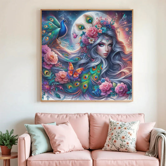 Tableau de peinture diamantée encadré : femme aux cheveux bleus, paon, fleurs et papillon.