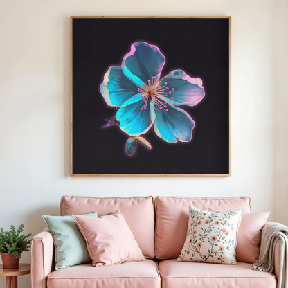 Tableau de peinture diamant avec cadre, fleur bleue turquoise sur fond sombre.