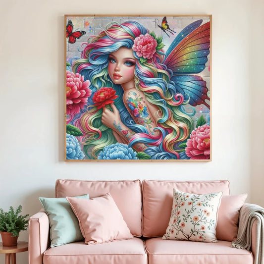 Tableau de diamant encadré : fée aux cheveux arc-en-ciel, ailes bleues, fleurs