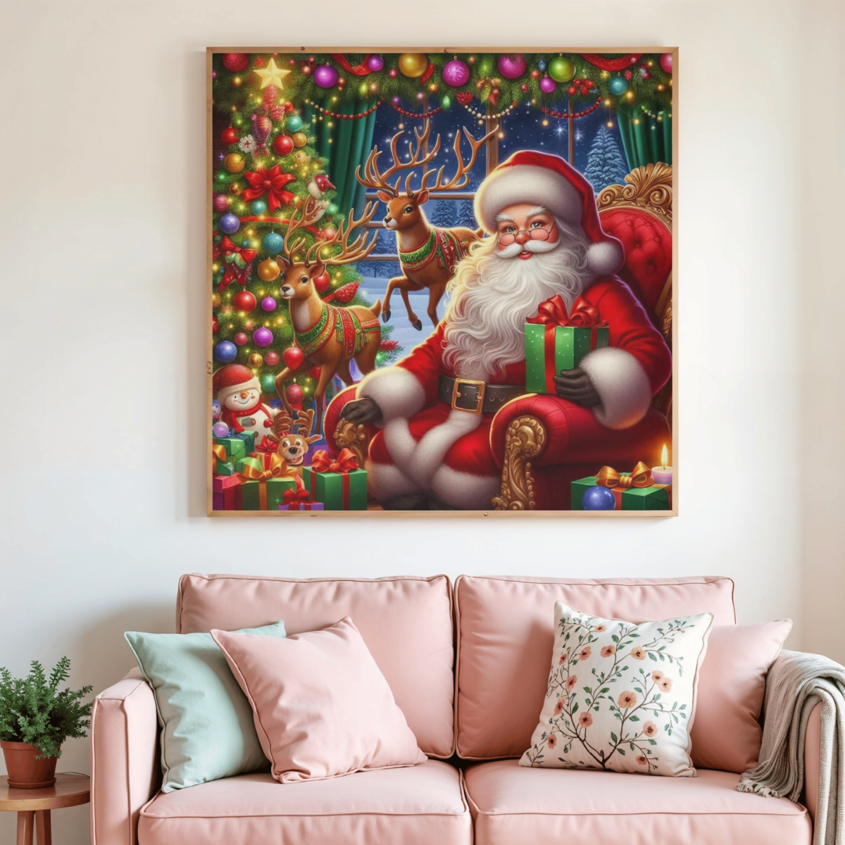 Peinture diamant de Noël : Père Noël, renne et cadeaux colorés, toile carrée
