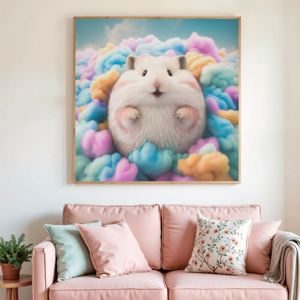 Peinture diamant Hamster : cadre carré avec hamster blanc entouré de nuages pastel