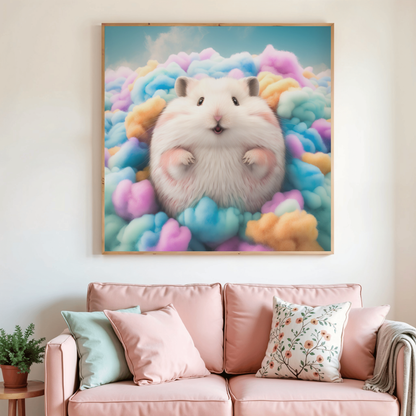 Peinture diamant Hamster : cadre carré avec hamster blanc entouré de nuages pastel