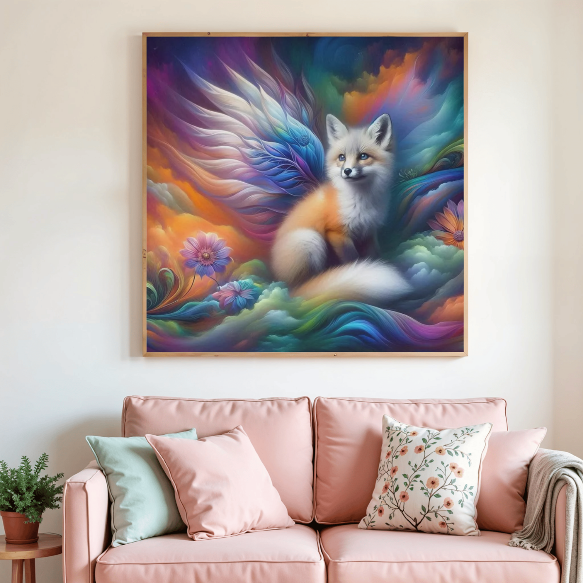 Tableau de diamant encadré avec renard ailé blanc, ailes bleues et fleurs multicolores.