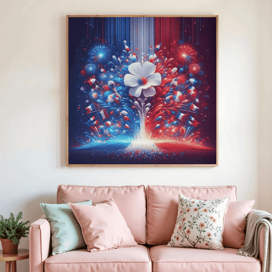 Toile de peinture diamant «Cœur de France» en cadre, fleurs blanches et éclats colorés