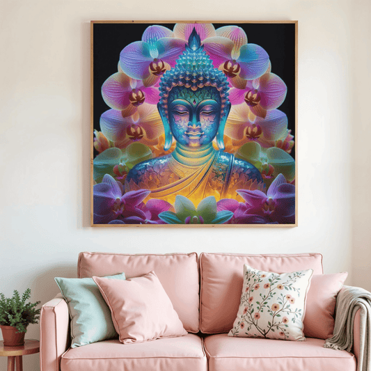 Tableau de peinture au diamant encadré Bouddha sérénité aux fleurs, bleu et violet