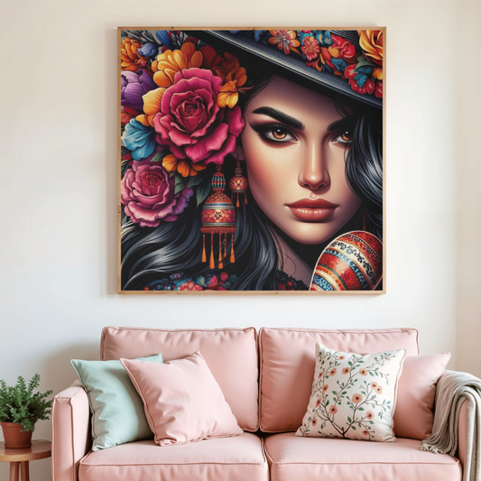 Tableau de diamant L'Andalouse : portrait féminin, fleurs roses, lanternes colorées