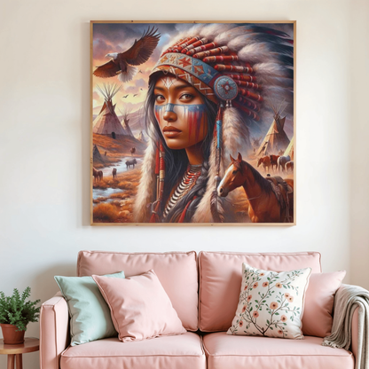 Tableau de diamants encadré : portrait de femme amérindienne et cheval, tons chauds.