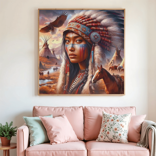 Tableau de diamants encadré : portrait de femme amérindienne et cheval, tons chauds.
