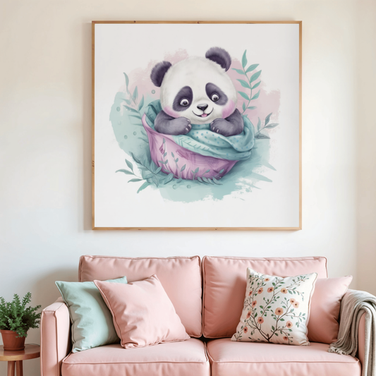 Toile de peinture au diamant encadrée avec panda dans un nid pastel