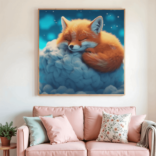 Toile encadrée d’un renard orange endormi sur des nuages bleus, sur un mur.