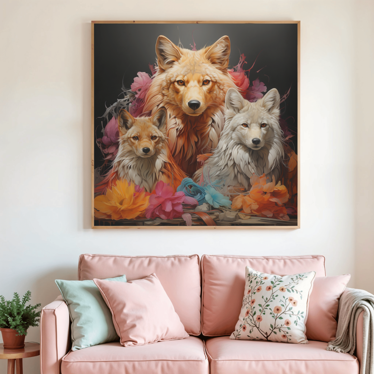 Tableau de peinture diamant encadré : loup beige et blanc, fleurs colorées, format carré