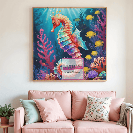 Cadre de peinture diamant : hippocampe multicolore entouré de poissons et corail.