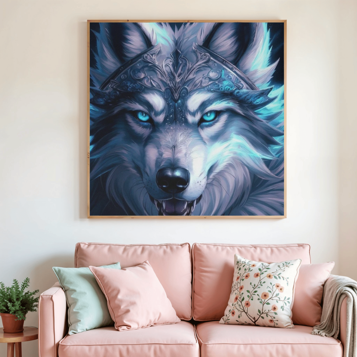 Peinture diamant représentant un loup bleu aux yeux clairs, dans un cadre