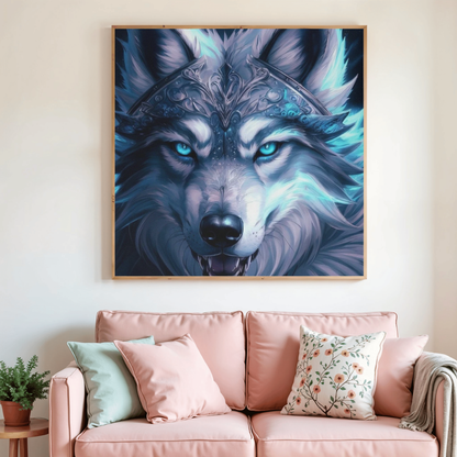 Peinture diamant représentant un loup bleu aux yeux clairs, dans un cadre