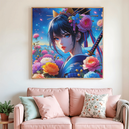 🌸⚔️ Diamond Painting – Guerrière Fleurie du Crépuscule