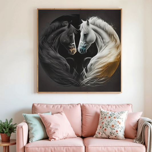 Toile de diamond painting représentant deux chevaux yin et yang, noir et blanc