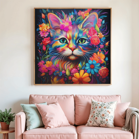 Toile de peinture diamant représentant un chat coloré entouré de fleurs