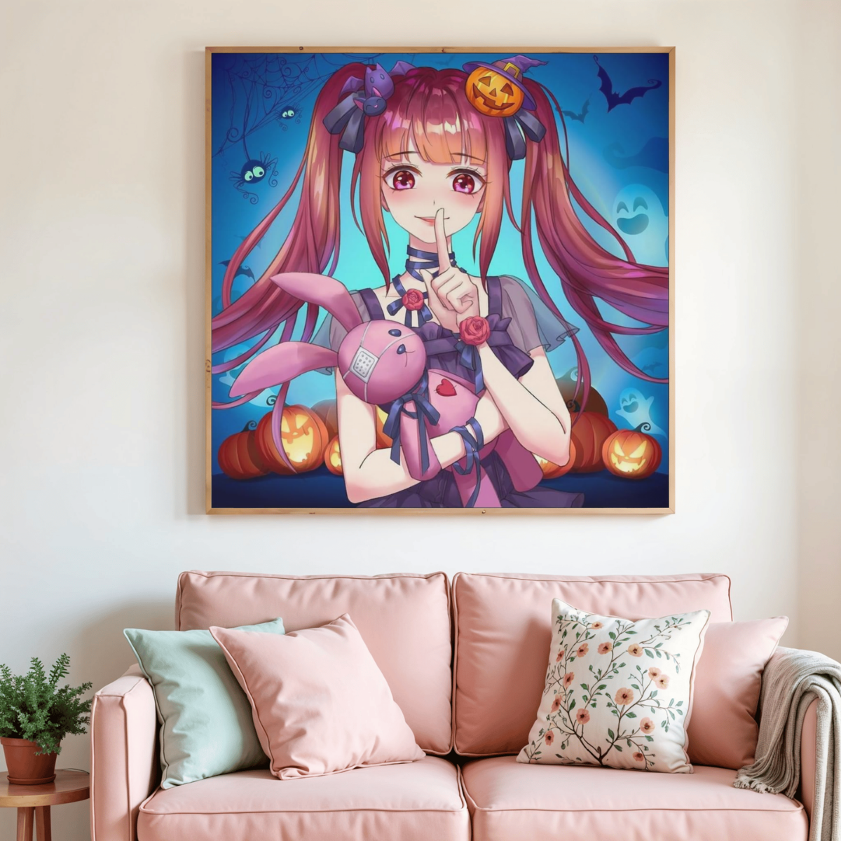 Toile de diamant encadrée avec illustration manga d’une jeune fille Halloween et citrouilles