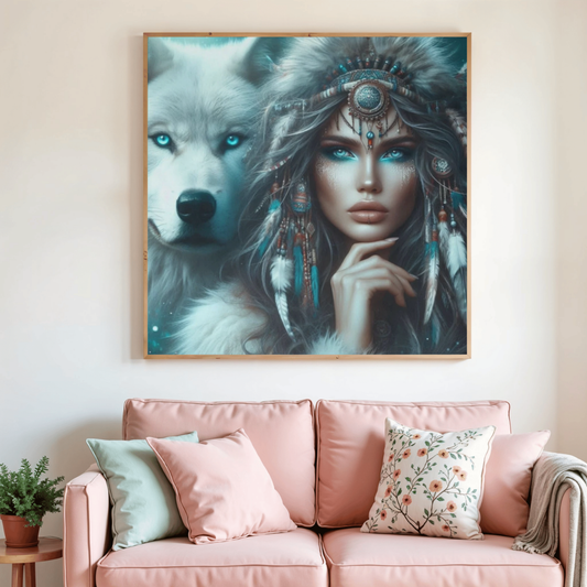 Toile de peinture diamant avec femme amérindienne et loup blanc