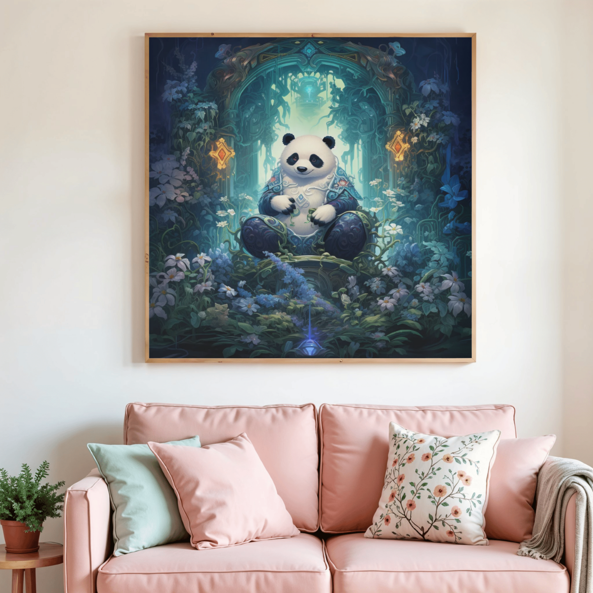 Toile de peinture diamant « Méditation du panda » : panda assis, ambiance jardin féerique