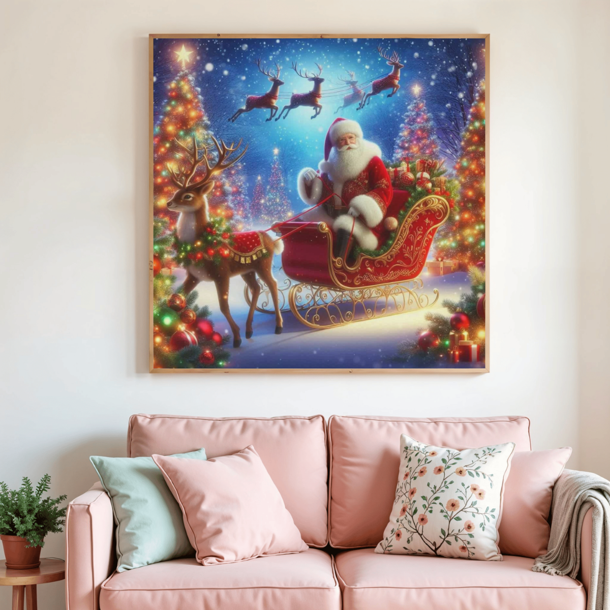 Toile de peinture diamant représentant le Père Noël en traîneau, rennes et étoiles