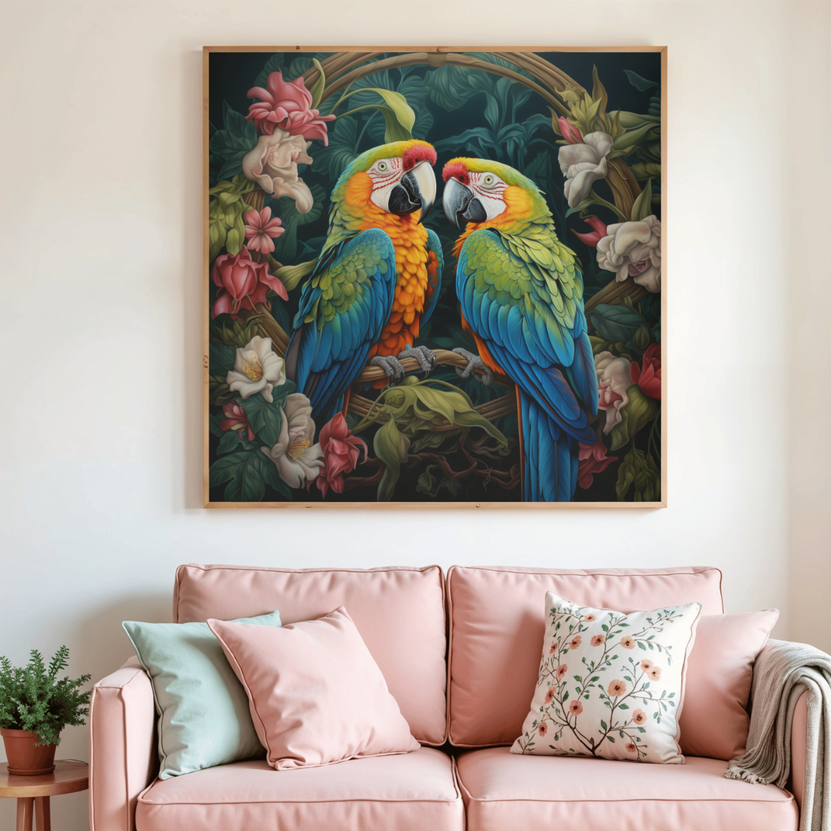 Peinture diamant encadrée représentant deux perroquets multicolores et fleurs