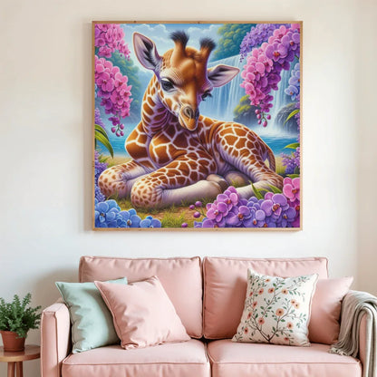 🌸🦒 Diamond Painting – Bébé Girafe Tropicale