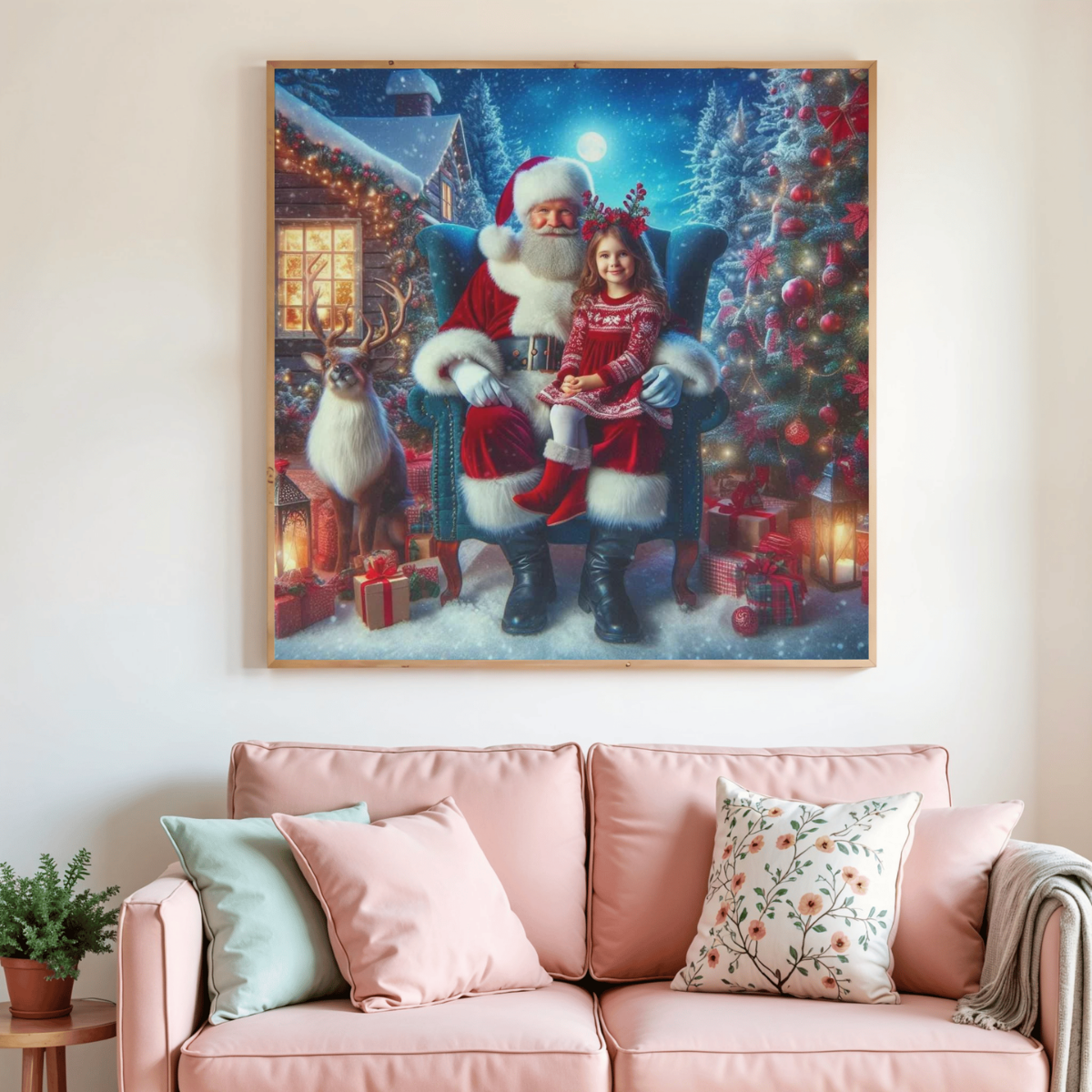 Toile de peinture diamant carrée avec Père Noël, enfant et sapin de Noël