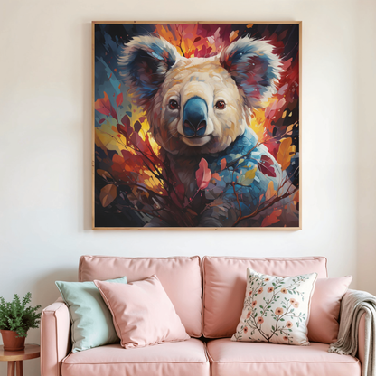 Tableau de peinture diamant avec koala multicolore encadré, style abstrait à facettes