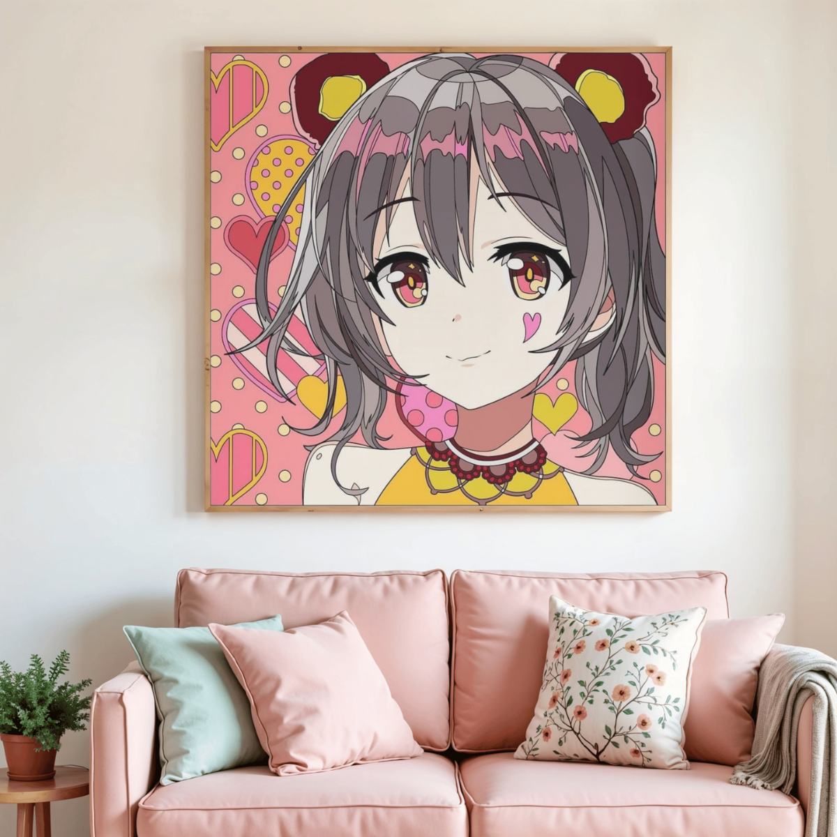 Peinture diamant de style manga, visage d’une jeune fille aux cheveux gris et yeux rouges