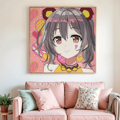 Peinture diamant de style manga, visage d’une jeune fille aux cheveux gris et yeux rouges