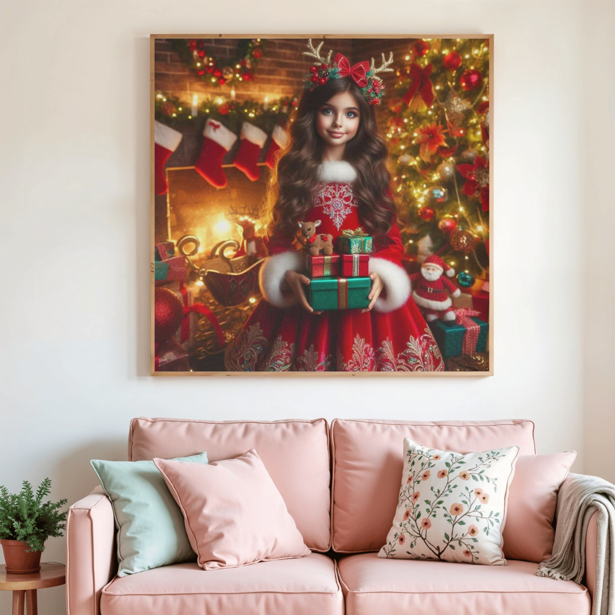 Peinture diamant de Noël : princesse en robe rouge tenant un cadeau, sapin décoré
