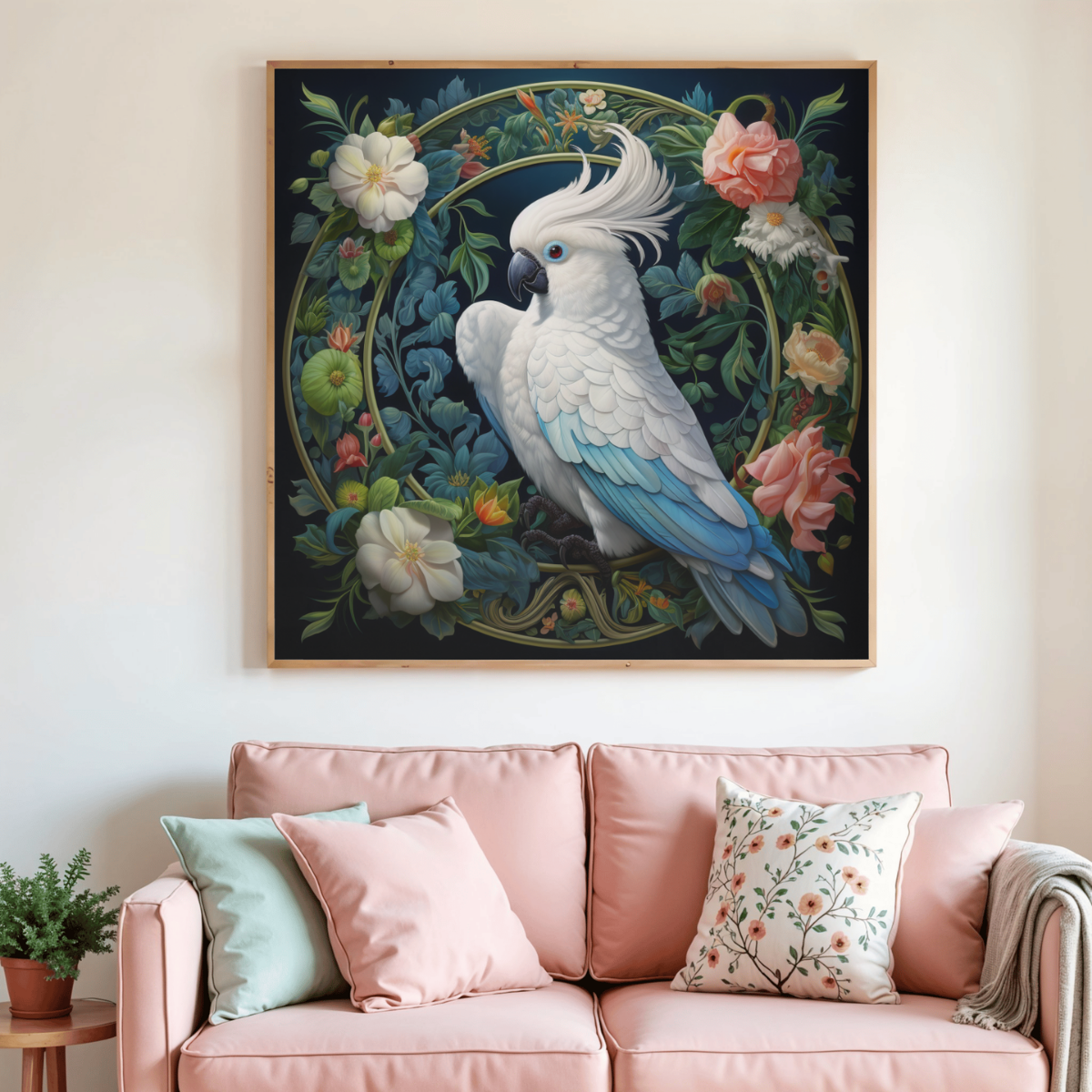 Peinture diamant encadrée : cacatoès blanc et bleu parmi des fleurs