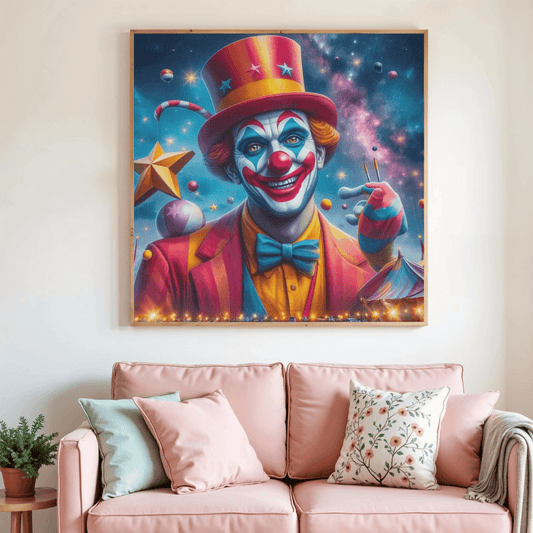 Affiche encadrée avec clown maquillé multicolore et chapeau haut de forme