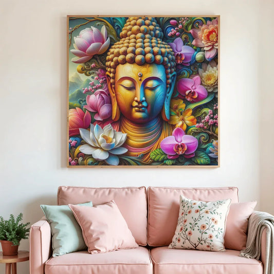 Tableau diamant encadré avec visage de Bouddha bleu et or, fleurs de lotus