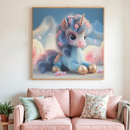 Toile de diamant représentant une licorne bleue assise, fleurs et nuages pastel.