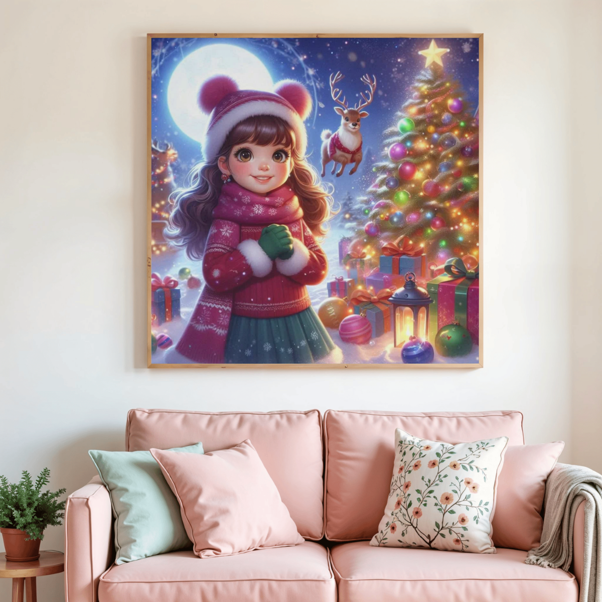 Tableau de peinture diamant fille de Noël, fille en bonnet devant sapin et rennes
