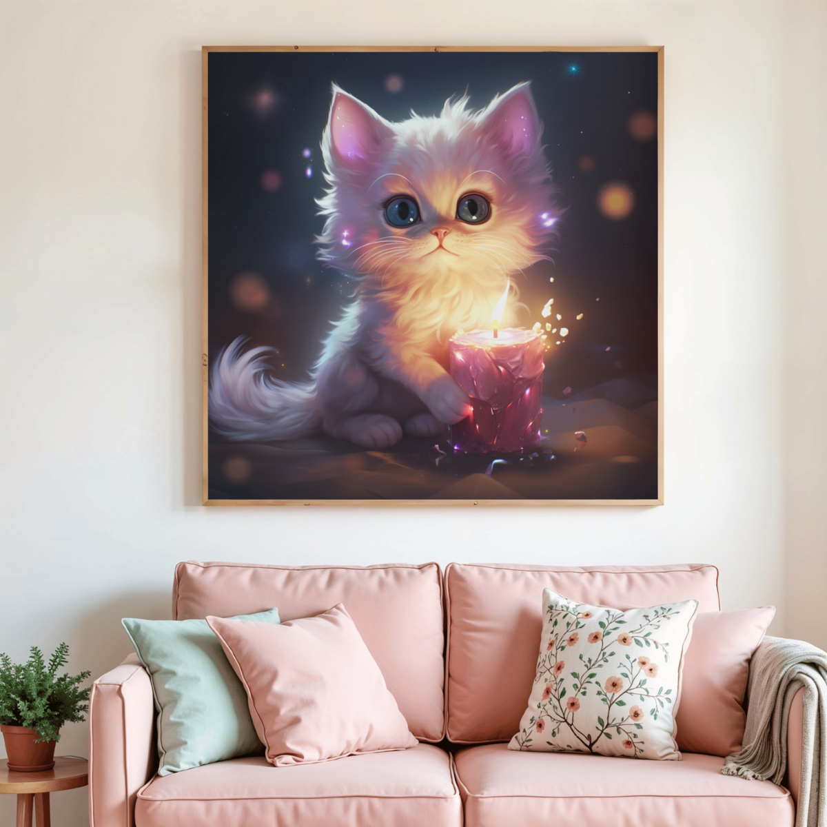 Toile de broderie diamant encadrée : chat lumineux tenant une bougie.