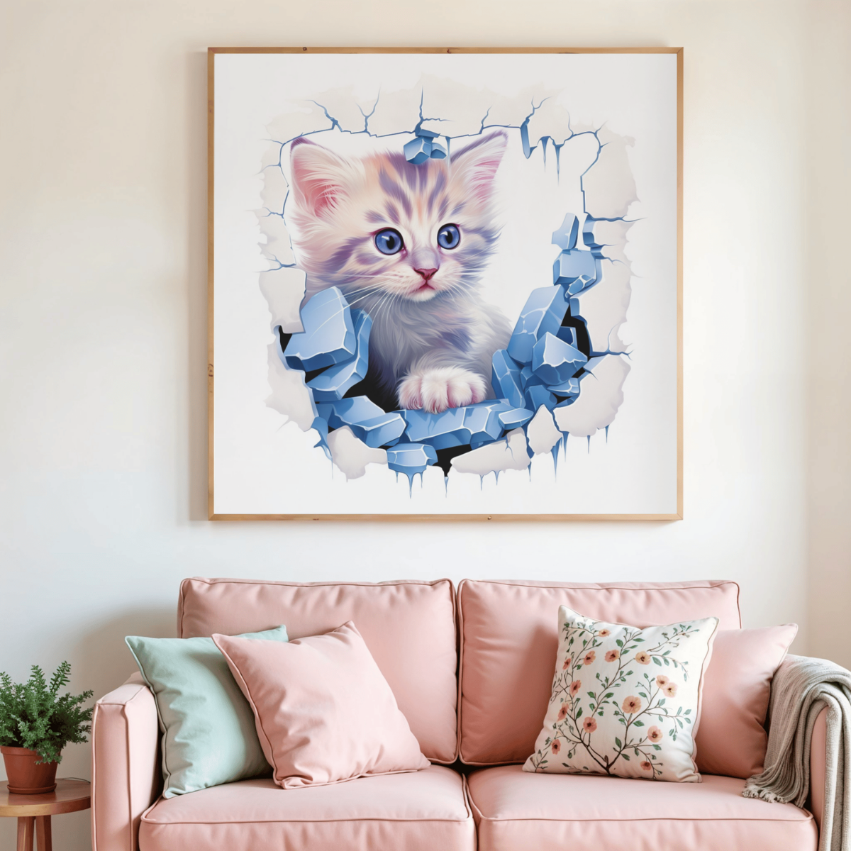Tableau de diamant encadré, chaton blanc et bleu sortant d’un mur