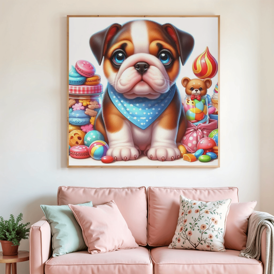Peinture au diamant bouledogue tricolore en cadre, col bleu à pois