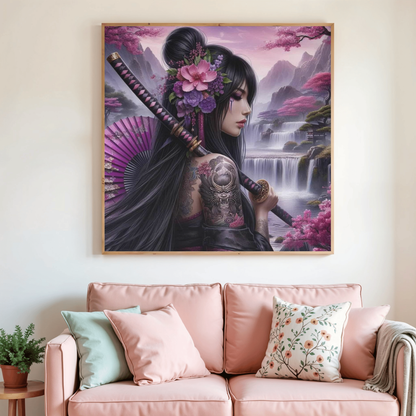 Tableau encadré de peinture au diamant, samouraï aux cheveux noirs et fleurs violettes