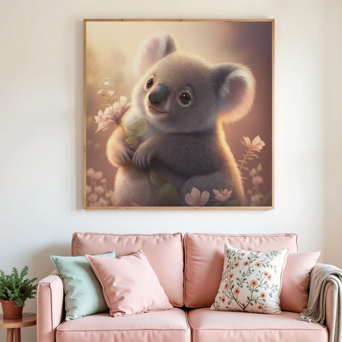Toile de peinture diamant représentant un koala gris avec des fleurs