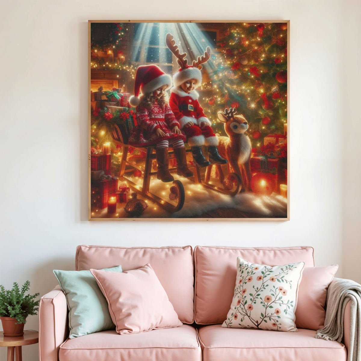 Tableau de peinture diamant encadré, scène de Noël avec Père Noël et renne