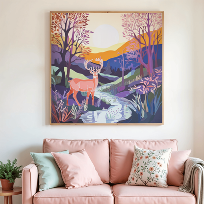 Toile de peinture diamant encadrée : cerf dans la forêt, rivière et collines.