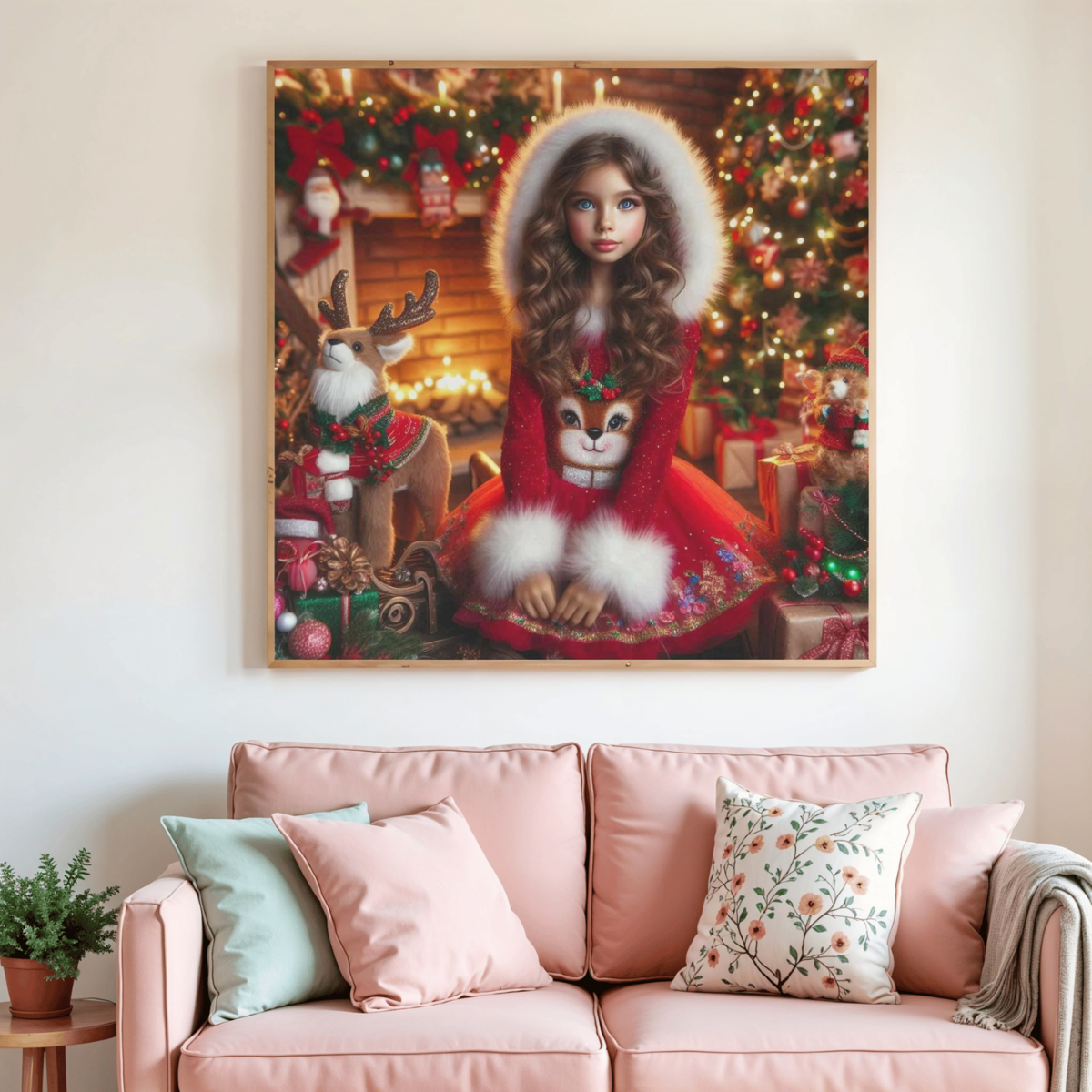 Toile de peinture diamant : princesse de Noël en robe rouge, renard et décor festif