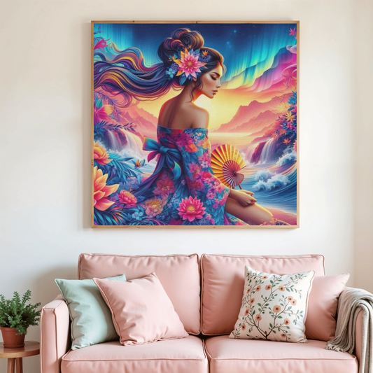 Peinture diamant encadrée Princesse des Mers, profil bleu et corail, fleurs et vagues